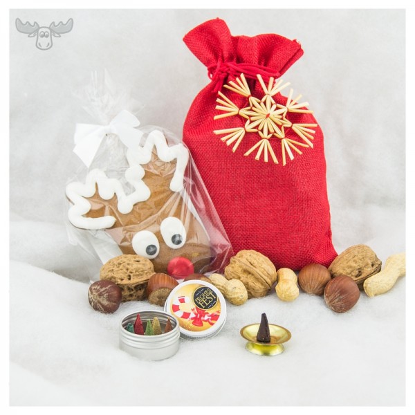 Nikolaus-Geschenkset mit Lebkuchen, Räucherkerzen, Nüssen und Strohstern am Jutebeutel