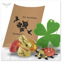 Kissengeschenk mit Lindt-Minihase, Schokoeier, Glückskäfer und Filz-Glückskleeblatt