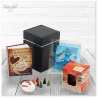 Räucherhaus Geschenkset mit Mini-Buch, Tee, Räucherhaus und Räucherkerzen in edler Dose