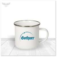 Emaille-Tasse mit Logo-Druck und silbernem Rand (Beispielbind)