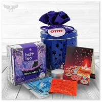 Geschenkset Wellness mit Badetee Lavendel, Zündholzbriefchen Lichterfest und blauer Teedlichtdose