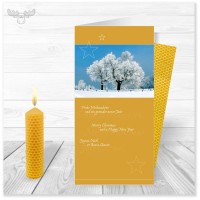 Weihnachtskarte Winterlandschaft in Gelb mit Bienenwachskerze zum Selberdrehen