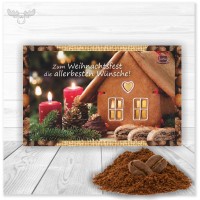 Weihnachtliche Grußkarte Lebkuchenhaus mit Kaffee