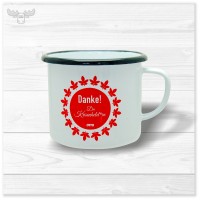 Emaille Kaffeebecher XL-S Weiß, Logo-Druck, Dekor einseitig mit schwarzem Mundrand (Beispielbild)