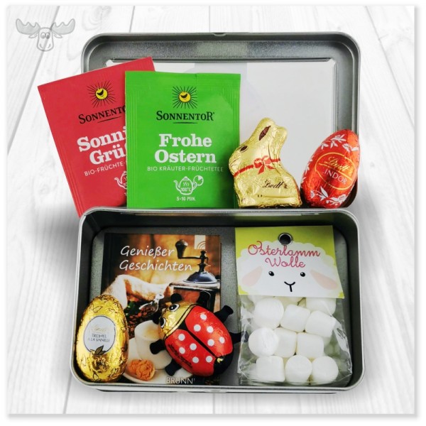 Osterpräsent- gefüllt mit Schokoladeneier, Minibücher, Lindt-Hase und Frühlingstee