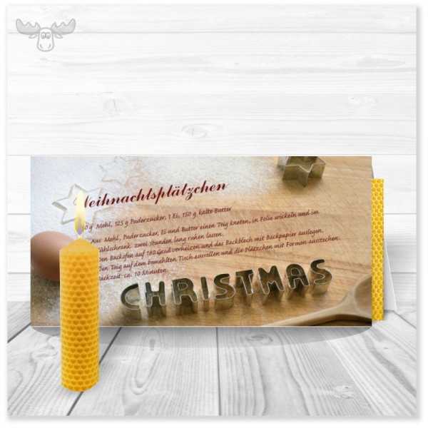 Weihnachtskarte mit Plätzchenrezept und Bienenwachskerze zum Selberdrehen