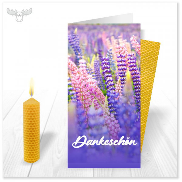Bienenwachskerzen mit Osterkarte Lavendel
