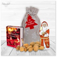 Präsent-Set mit Mini-Weihnachtsbuch, Schoko-Nikolaus und Nüssen im Leinensäckchen mit Filz-Anhänger
