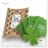 Kissengeschenk mit Ostertee und Filz-Glückskleeblatt