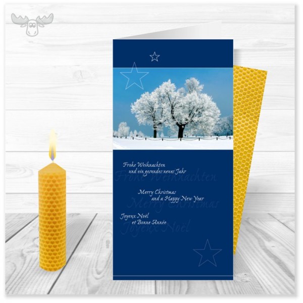 Weihnachtskarte Winterlandschaftr blau mit Bienenwachskerze zum Selberdrehen