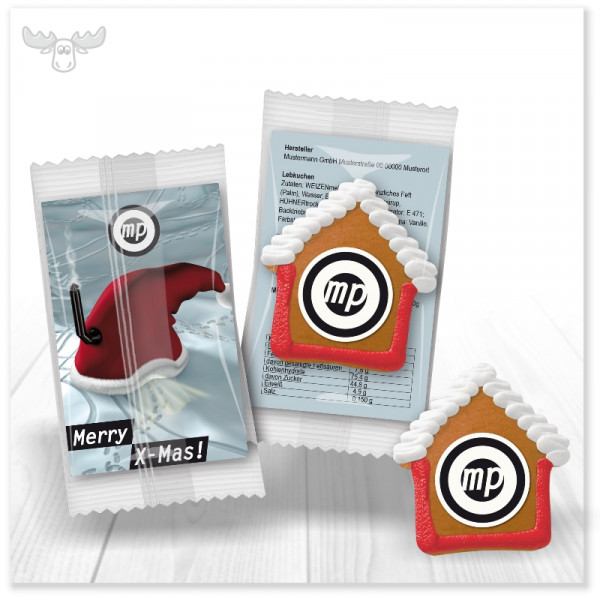 Weihnachts-Lebkuchen als Mini-Haus mit Zuckerguss und Logo-Druck inkl. Karte in Ihrem Design