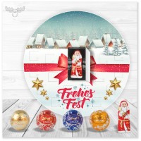 Runder Adventskalender mit Lindor-Kugeln und Schoko-Weihnachtsmann Motiv Dorf