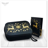 Geschenke-Set "Goldener Hirsch": Edles Etui mit Gold-Schwarz-Lack, gefüllt mit Süßigkeit und Tee
