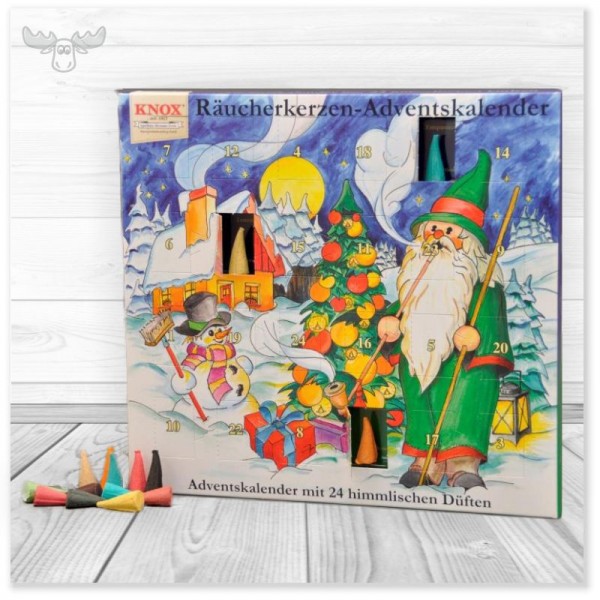 Wohlriechender Räucherkerzen-Adventskalender: Winterlandschaft mit Räuchermann